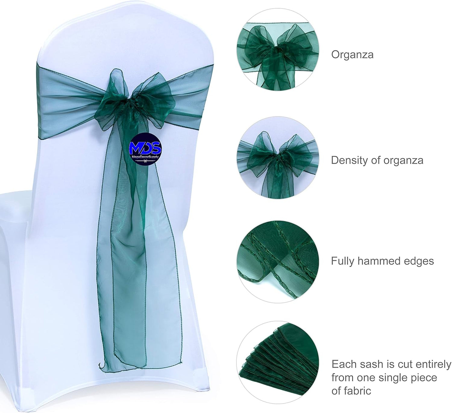 MDS Pack of 100 PCS Organza Chair Sashes Wider Dining Chair Bows Ribbon Tie Back for Wedding Party Birthday Bridal Shower Reception Event Banquet Home Chair Cover Decoration - Hunter Green