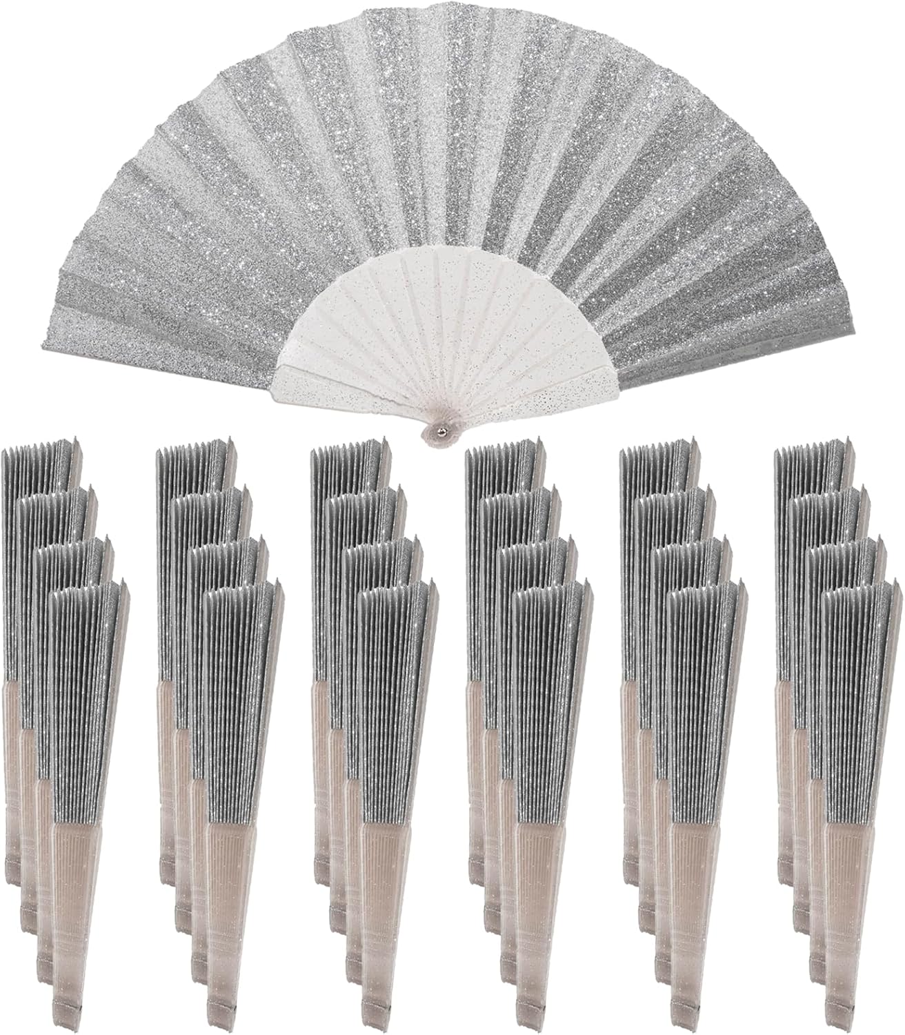 24 Pack Handheld Fan,Folding Hand Glitter fan with Shining Transparent Fan Rib – Ideal for Wedding, Church, Festival, Dance, Tea Party, Club, and EDM Accessories, Silvery