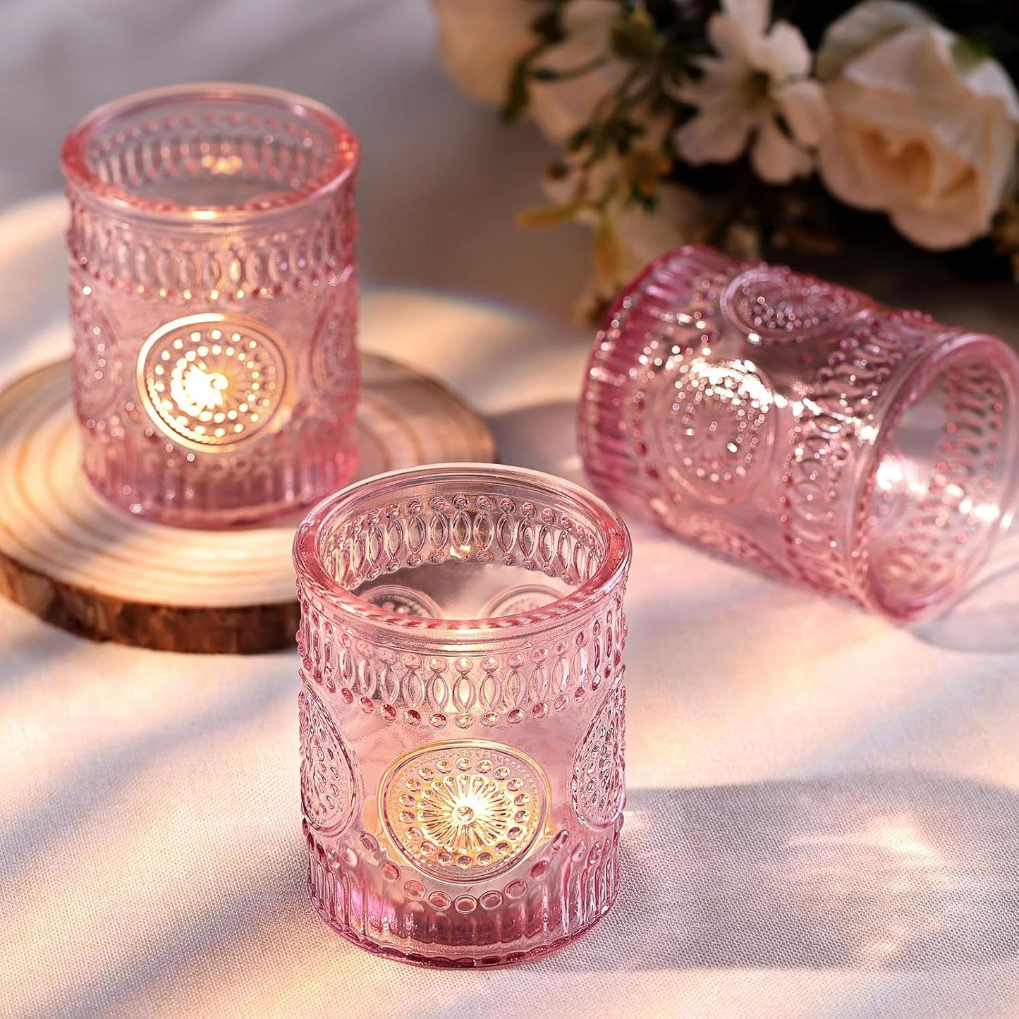 DARJEN Pink Votive Candle Holders Set of 36- Glass Candle Holders Bulk for Tea Light Candle, Embossed Candle Votives for Romantic Wedding Centerpiece, Home Table Decor