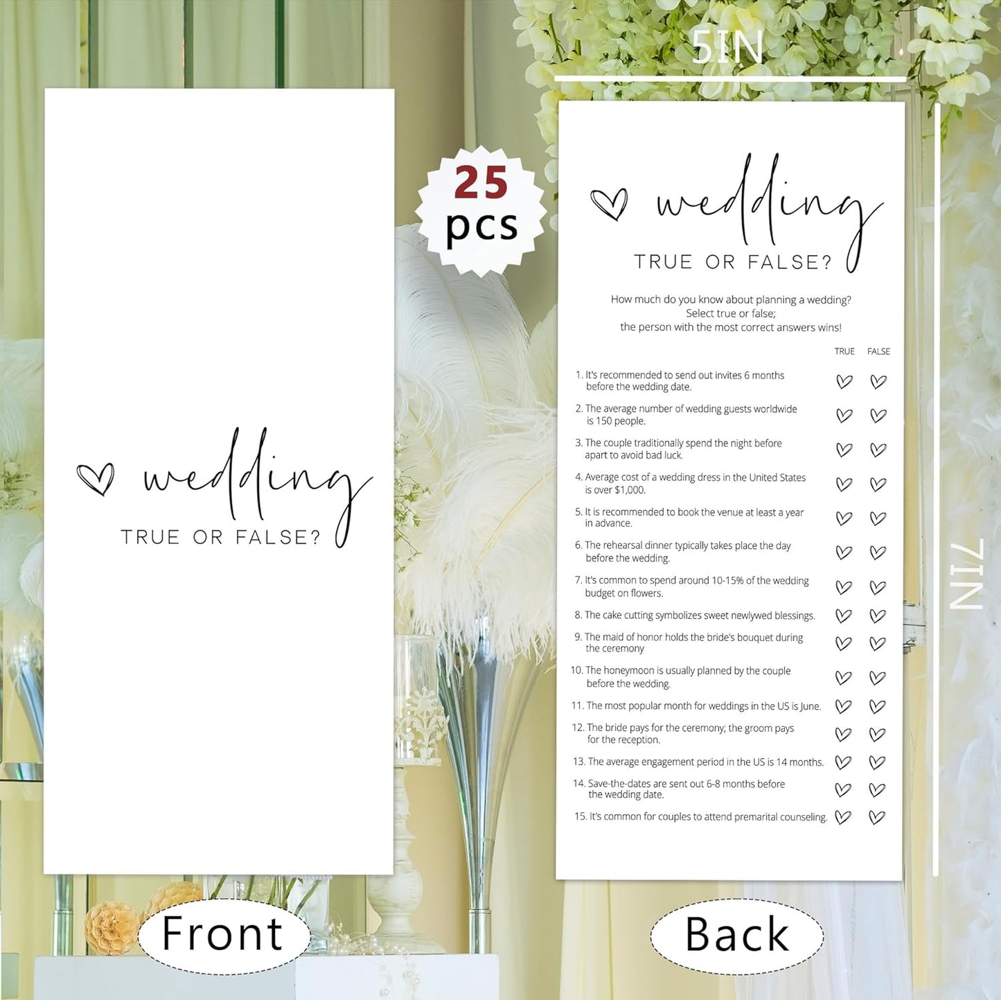 Bridal Shower Games, True or False, 25Pcs 4x9inch Minimalist White Double-Sided Bridal Game Cards with 1 Answer Key, Wedding Shower Games for Guests, Engagement Bachelorette Party Supplies - A07