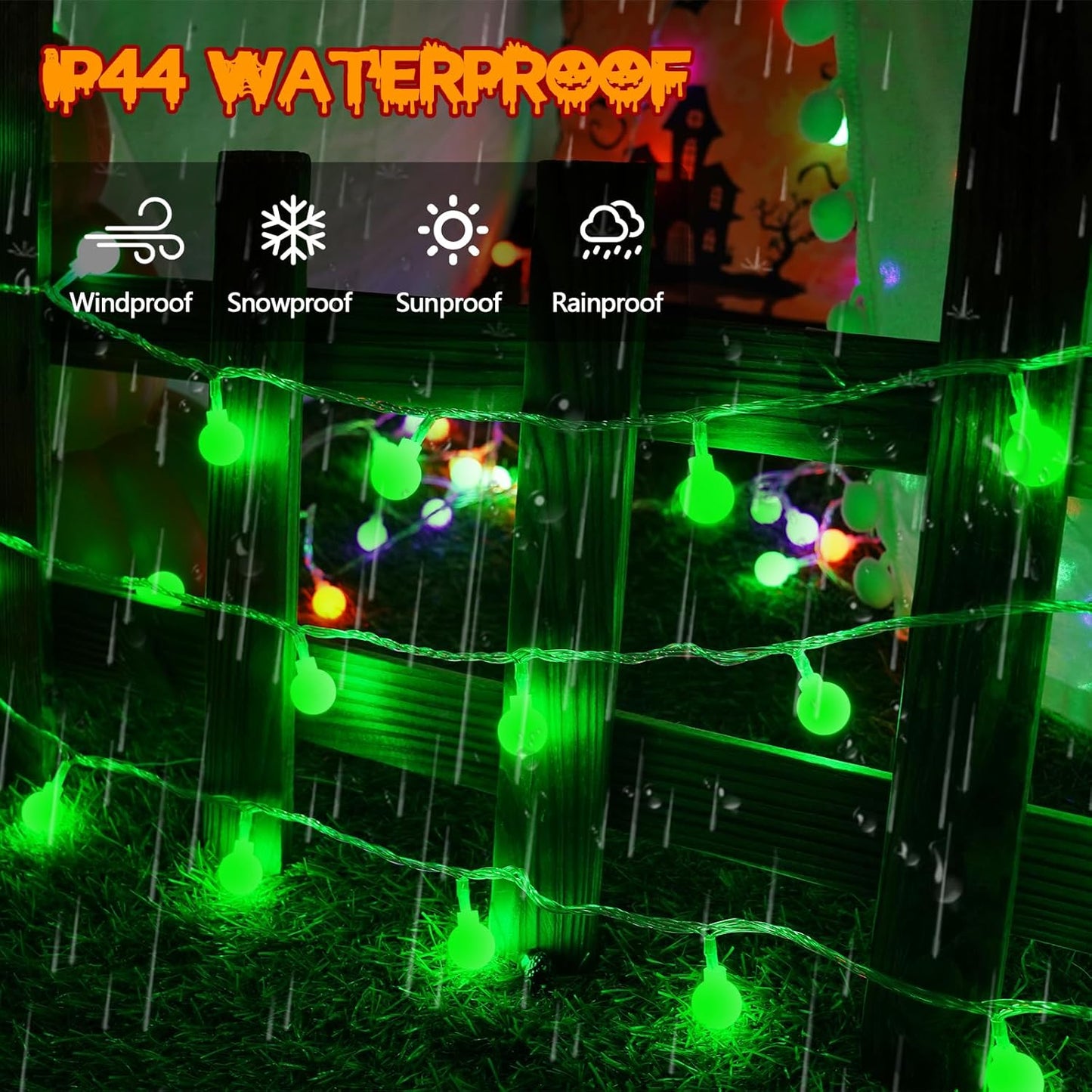 Connectable Green Halloween Lights Outdoor Indoor - 43FT 100LED Globe String Lights Plug in with Timer, 13 Modes Fairy Light Waterproof for Party Halloween Decorations Bedroom Decor