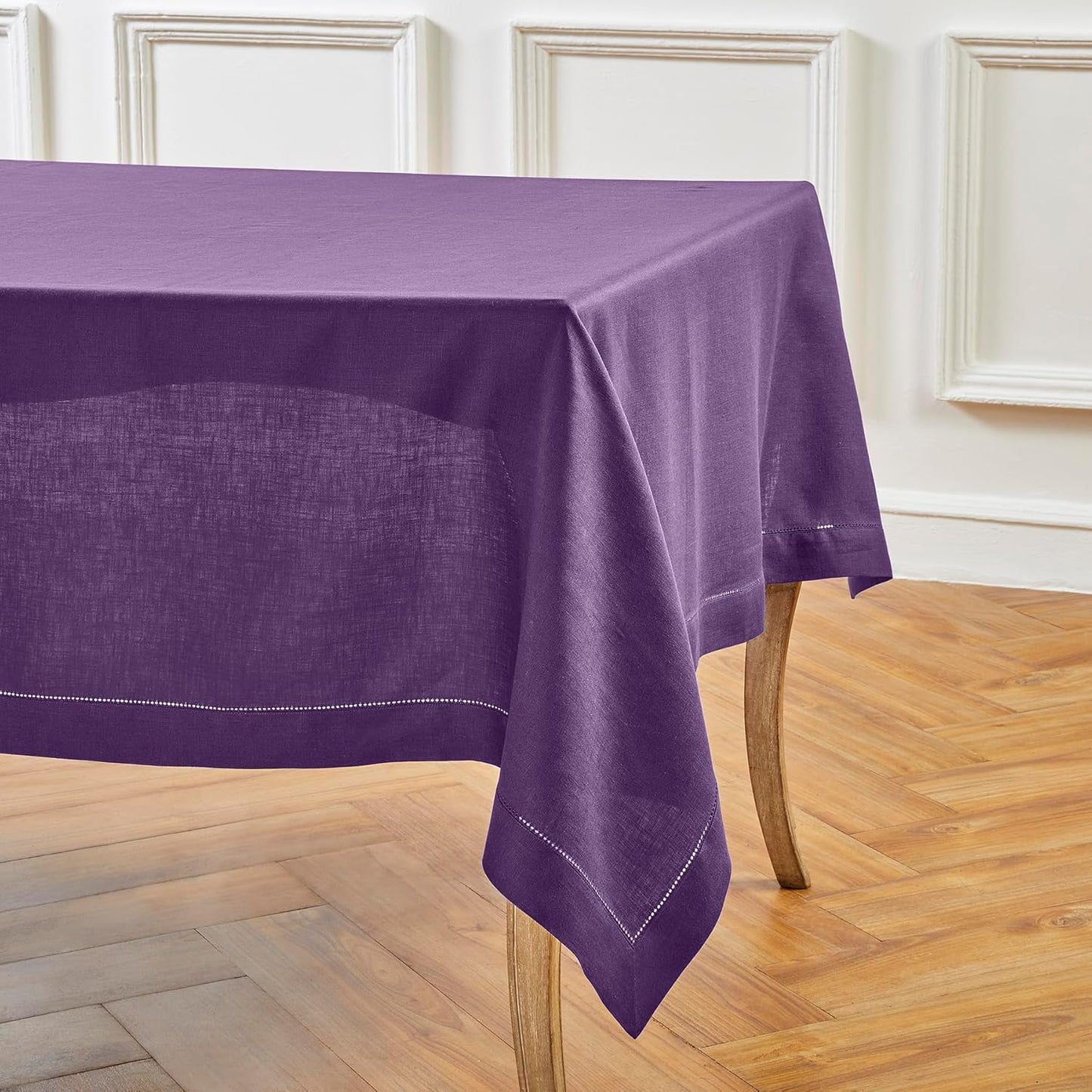Solino Home Linen Purple Tablecloth 54 x 72 Inch - Classic Hemstitch, 100% Pure Linen Rectangular Tablecloth - Machine Washable Table Cloth for Fall, Autumn, Halloween, Thanksgiving