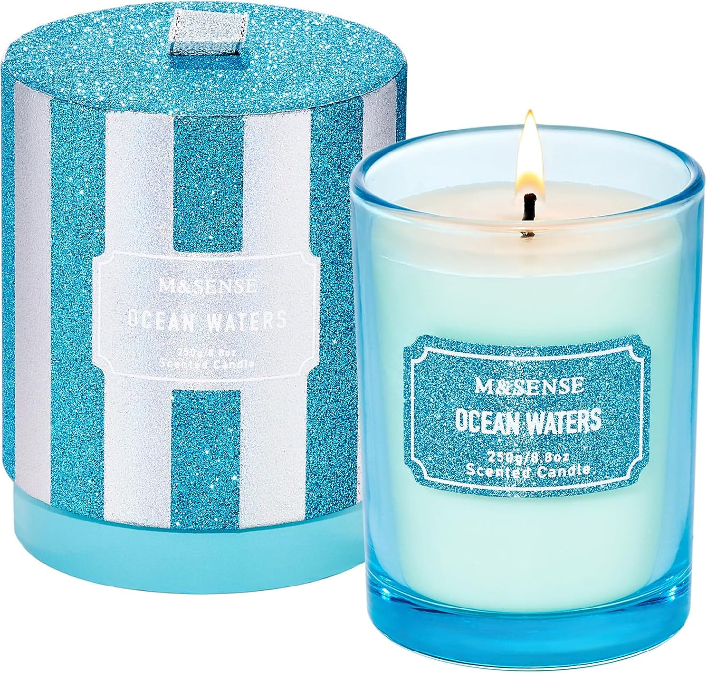 M&SENSE Ocean Scented Glitter Jar Candles, Holiday Gifts for Women - Strong Scented Natural Soy Candle for Winter Home Decor, 50 Hour Burn Time