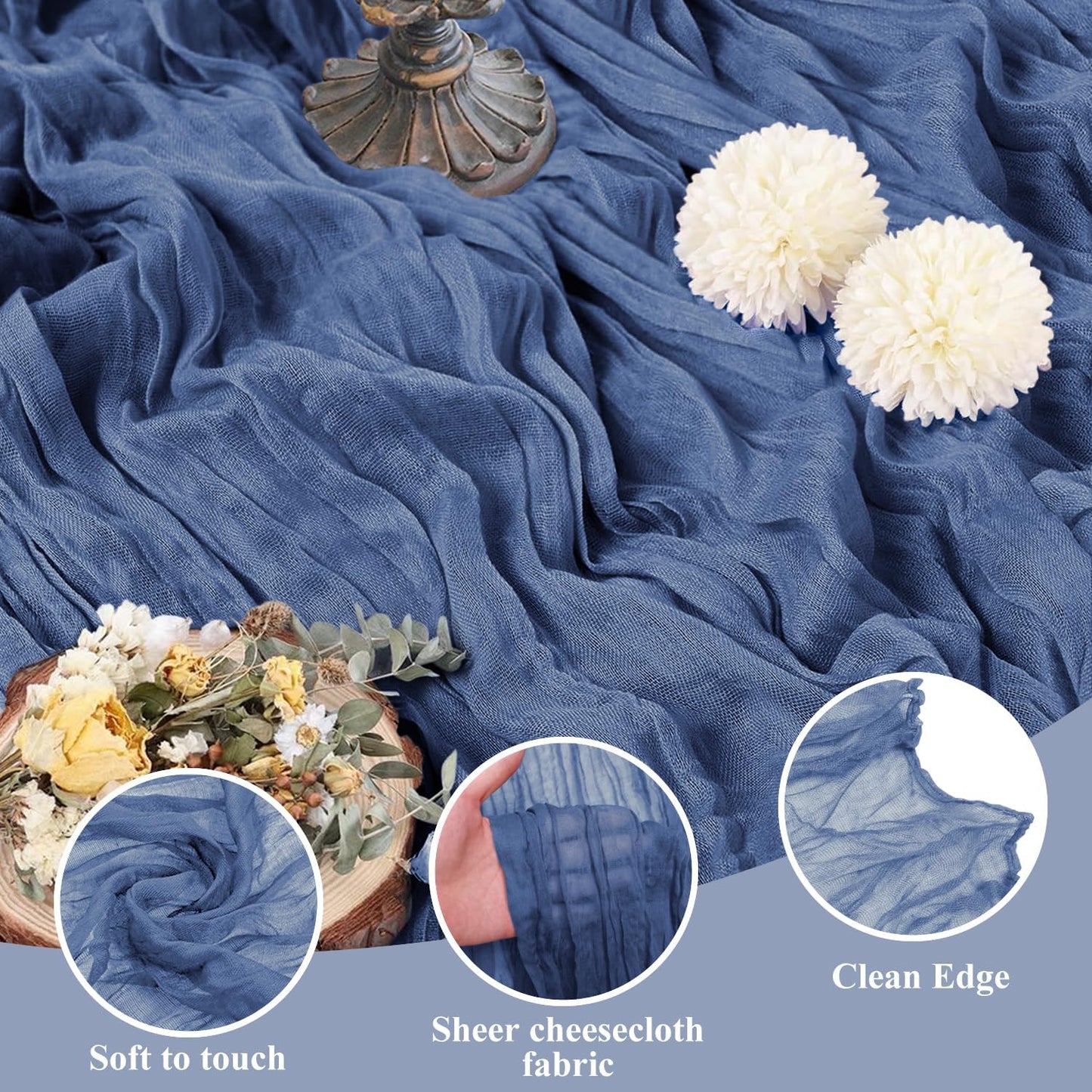 Asee'm 4pcs Cheesecloth Table Runner 120 Inches Long Blue Boho Gauze Cheese Cloth Runner 10FT Rustic Sheer Table Runners for Christmas Wedding Party Baby Shower Spring Easter Decoration