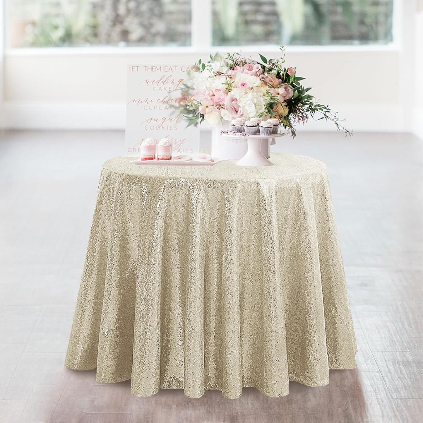 OQSQ Champagne Round Sequin Tablecloth, Glitter Tablecloth for Bridal Shower Decorations, Birthday, Wedding, Dessert, Banquet（50X50 inch Round,Champagne）