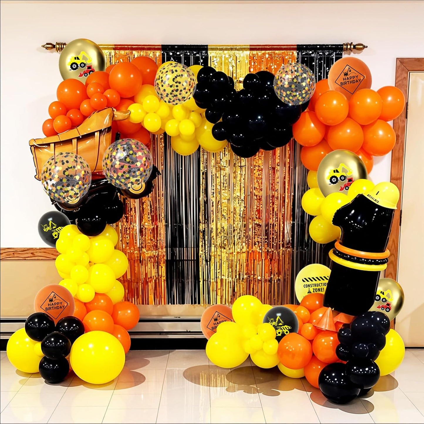 Construction Balloons, 12 Inch Gold Black Yellow Orange Confetti Balloons for Boy Baby Shower Construction Themed Birthday Truck Party Graduation Supplies