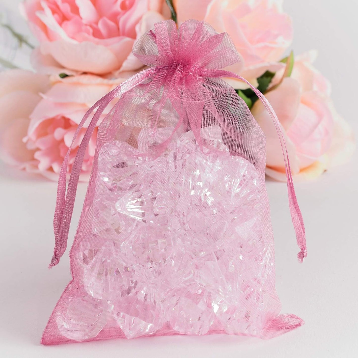 Super Z Outlet 100 Pack 5x7 Inch Mini Sheer Drawstring Organza Transparent Bags Jewelry Sack Pouches for Wedding, Party Decorations, Arts & Crafts Gifts (Pink)