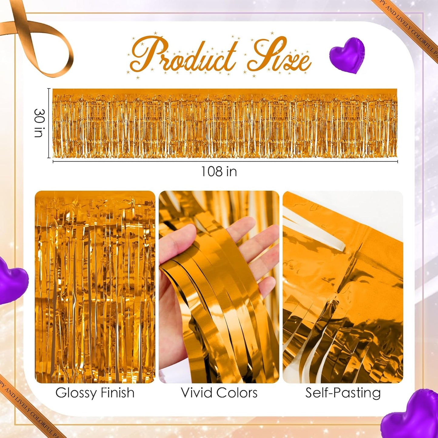 2 Pack Dark Purple Orange Table Skirts, 29x108" Metallic Foil Tinsel Fringe Table Skirt for Rectangle Tables Streamer Curtains Backdrop, Party Decorations for Birthdays, Weddings, Holidays