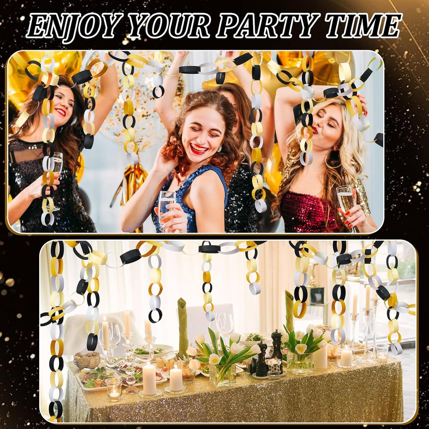 Lincia 600 Sheet Halloween Paper Chain Garland, Construction DIY Crafts Chain Strip for Fall Thanksgiving Party Decor, 1x8 Inch with Double Sided Tape (Black Gold)