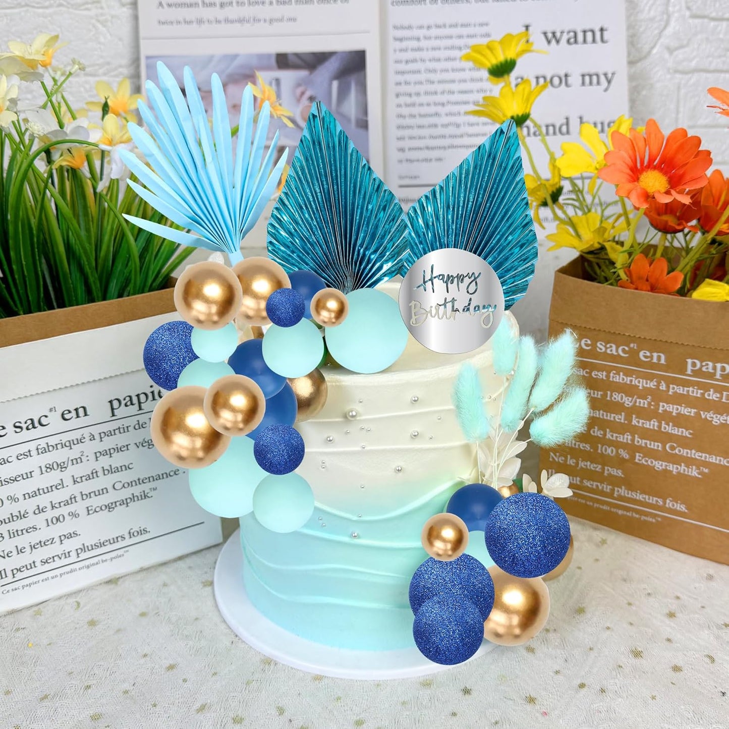 Ephlyn 33 Pack Balls Cake Toppers Boho Palm Leaves Cake Decorations Round Acrylic Happy Birthday Cupcake Toppers for Birthday Wedding Baby Shower Party Supplies Blue