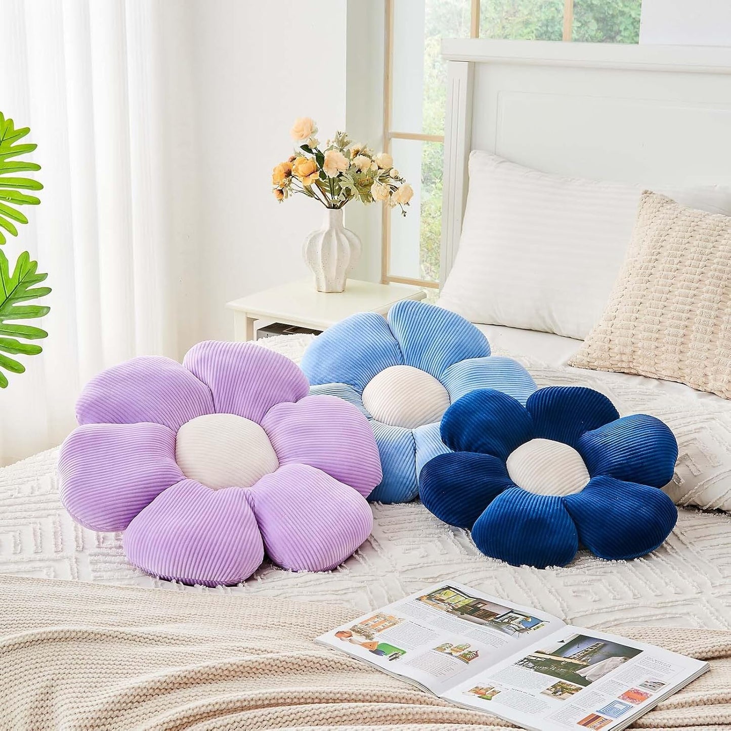 Lavender Flower Pillow, 14.9" Cute Flower Shaped Floor Pillow, Aesthetic Floral Plush Daisy Decorative Throw Pillows for Bed Sofa Couch