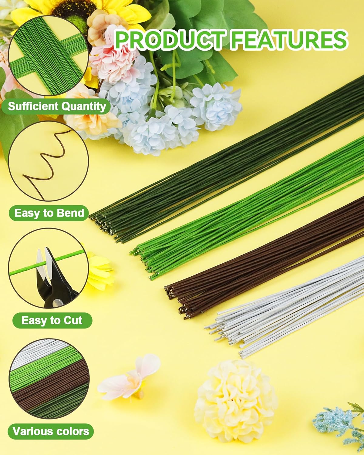100 PCS FIVEIZERO 26 Gauge LightGreen Floral Wire Stems for Artificial Flower Making,Florist Wires,Flower Wire for Crafts,Alambre para Flores for Wreaths, Flower Arrangements and DIY Projects