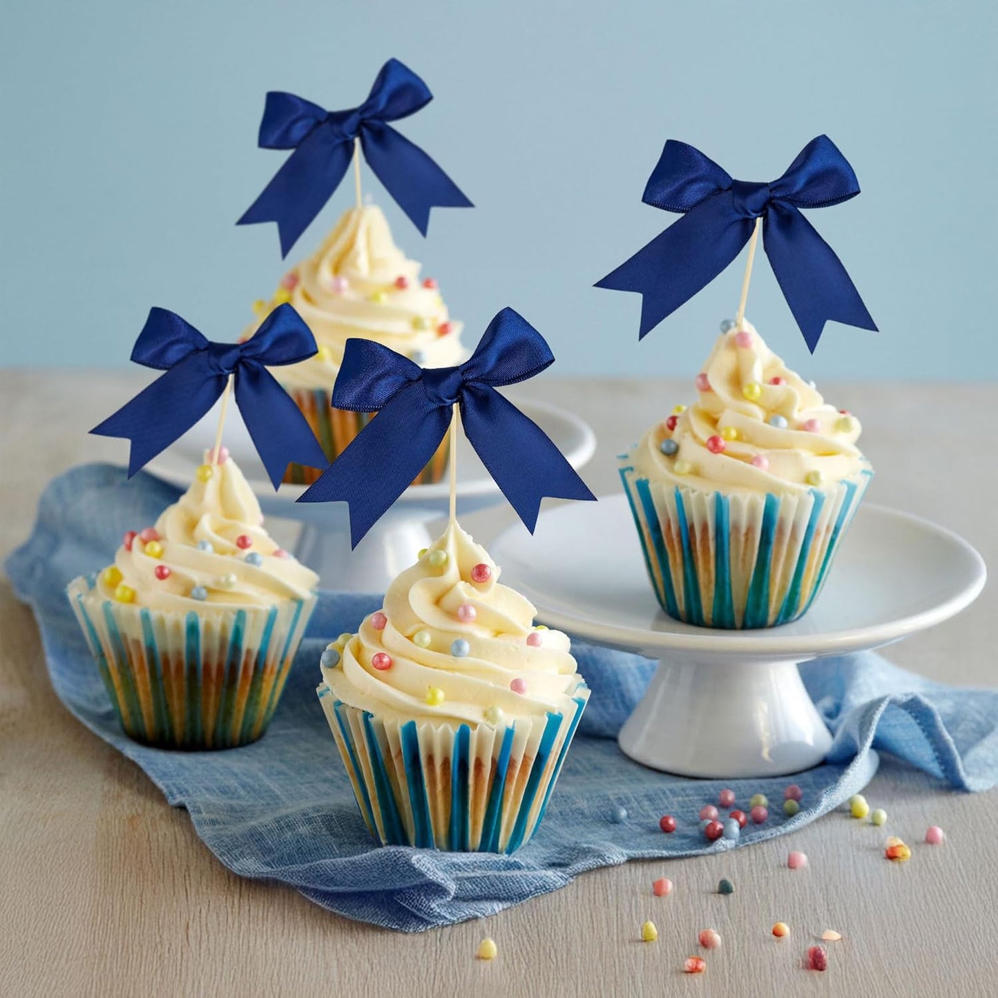 Ephlyn 24Pcs Bow Cupcake Toppers Bowknot Cake Toppers Bow Cupcake Picks Bowknot Birthday Party Decorations for Wedding Bridal Engagement Baby Shower Birthday Party Supplies Dark Blue