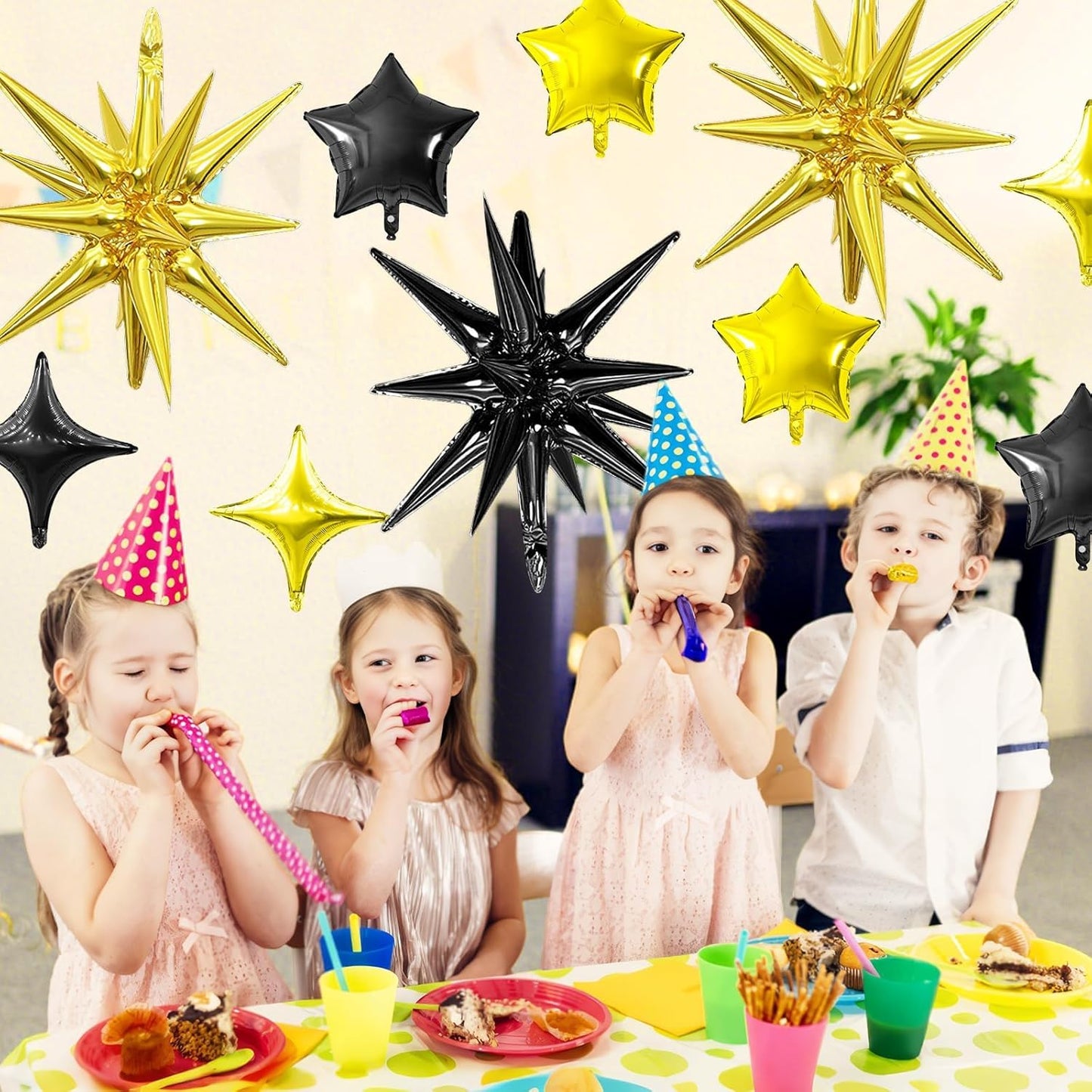 Black Gold Star Balloon,16Pcs Star Foil Balloons Set with 22Inch Explosion Spike Cone Balloons and 10Inch Quadrangle Helium Balloon for Birthday Wedding Baby Shower Party Decorations