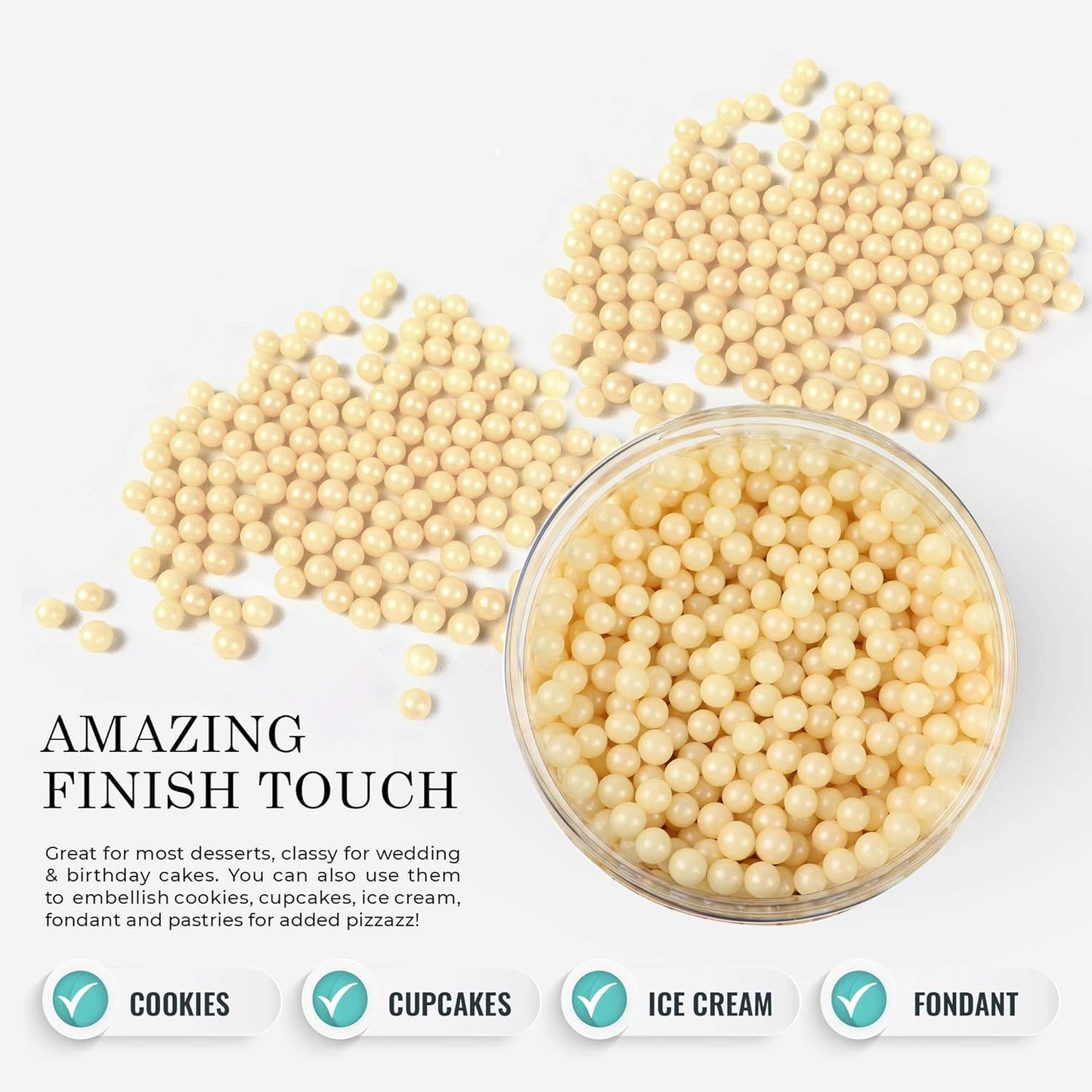 O'Creme Ivory Edible Sugar Pearls Cake Decorating Supplies for Bakers: Cookie, Cupcake & Icing Toppings, Beads Sprinkles For Baking, Certified, Candy Sugar Ball Accents (5mm, 16 oz)
