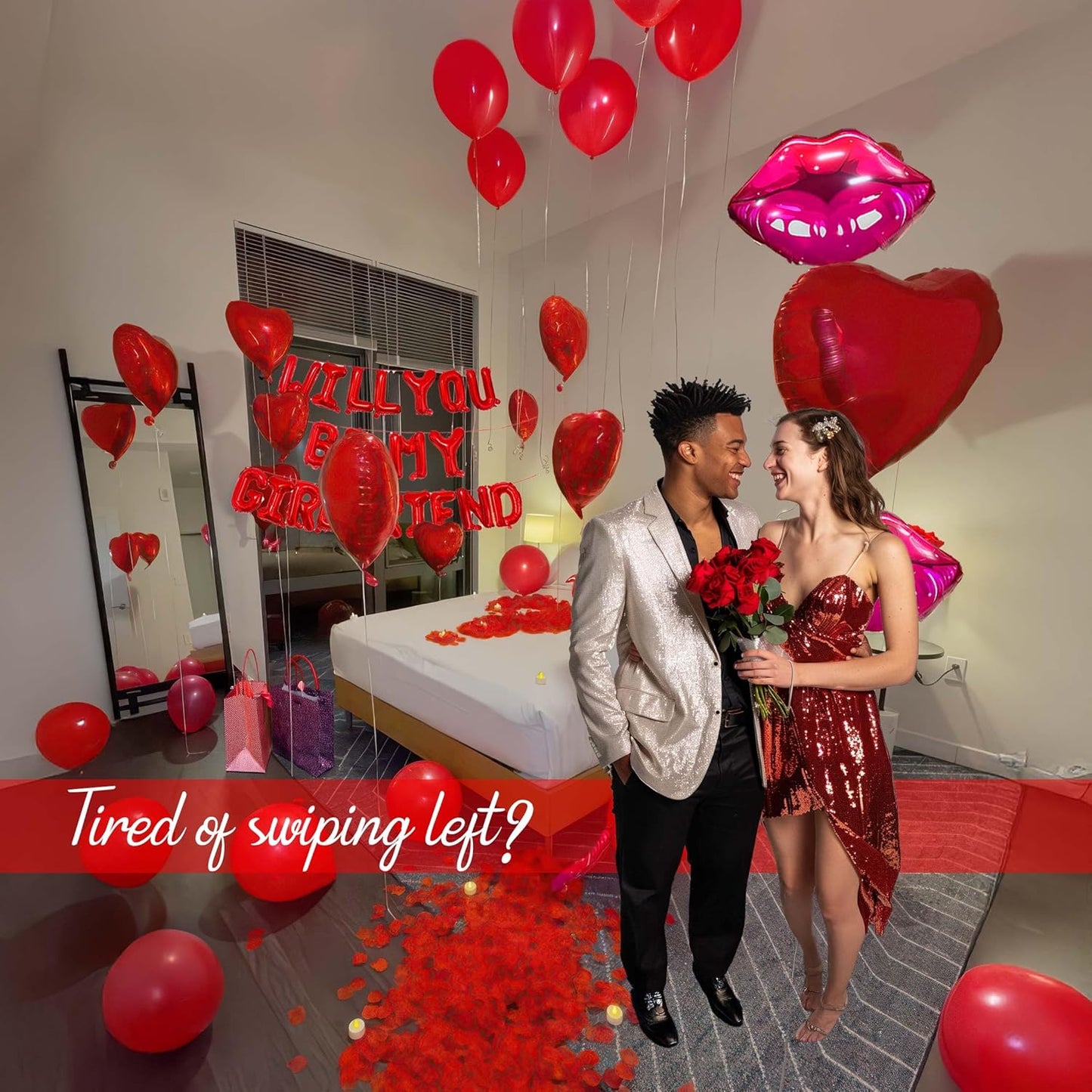 16 Inches Red 'WILL YOU BE MY GIRLFRIEND' Confession Letter Balloons with red balloons,Heart-Shape, lips, love Foil Balloons and Rose Petals for Romantic Special Night Decorations and Valentines Day