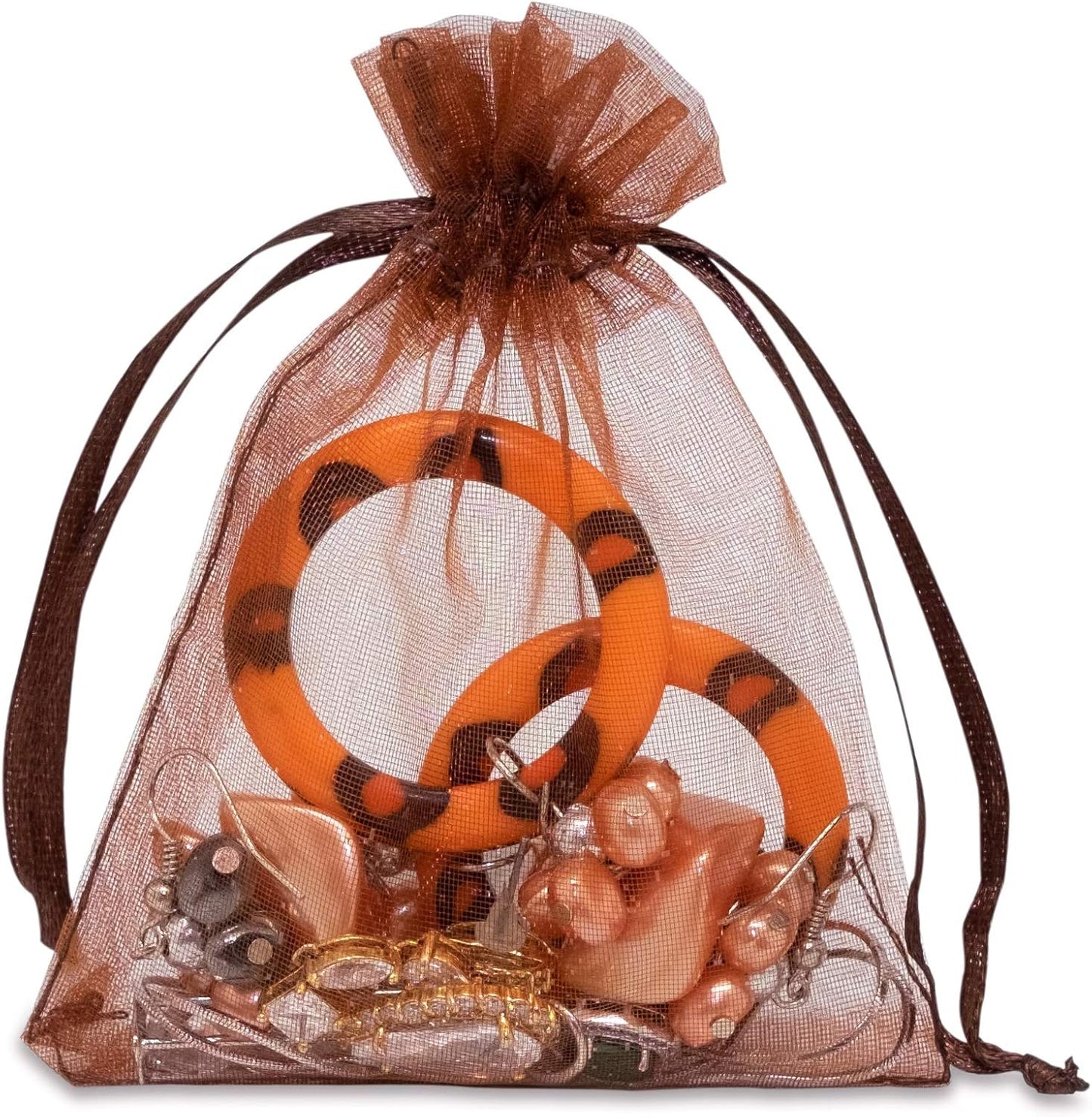 TheDisplayGuys 100-Pack 3x4 Brown Sheer Organza Gift Bags with Drawstring, Jewelry Candy Treat Wedding Party Favors Mesh Pouch