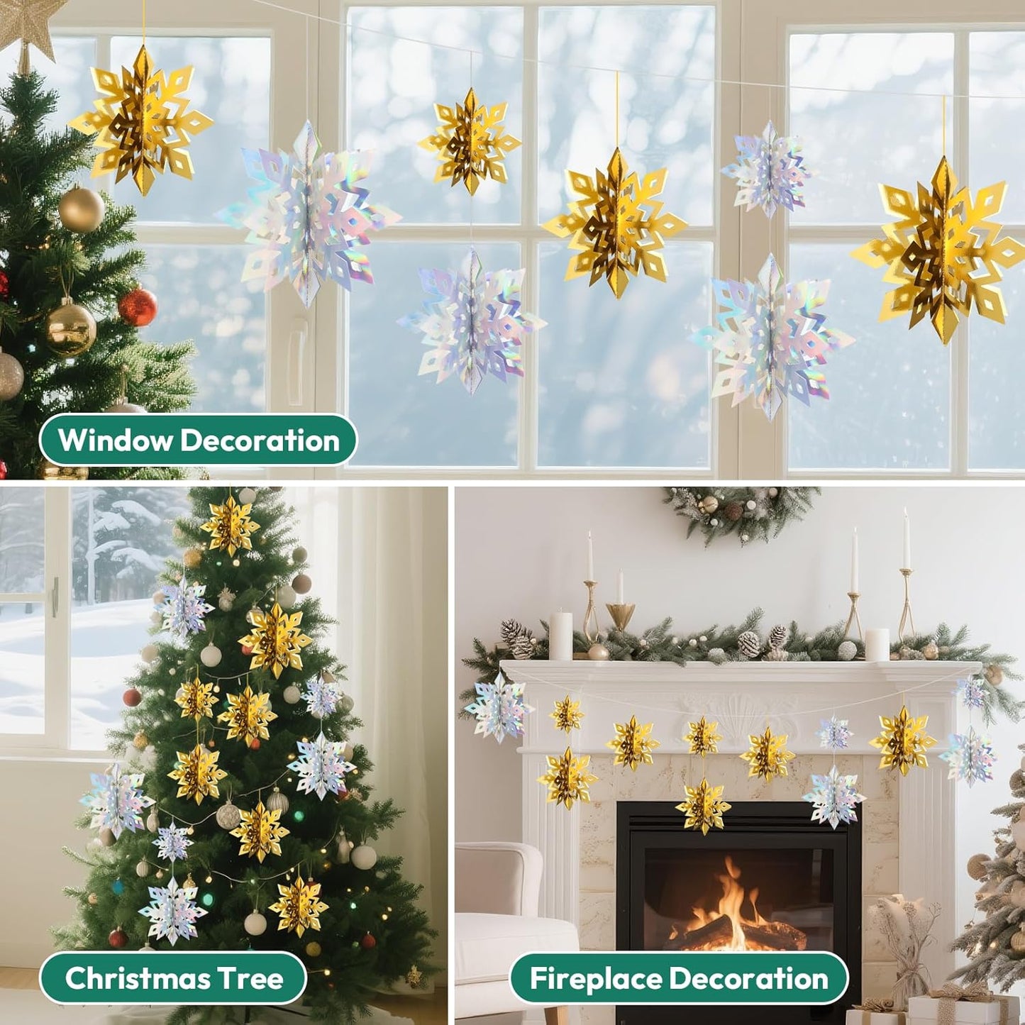 Benbilry 3D Hanging Snowflake Decorations for Christmas Tree, 36pcs 3 Size Winter Wonderland Decorations for Frozen Birthday Party, Christmas Home Decor - 18pcs Iridescent and 18pcs Gold Color