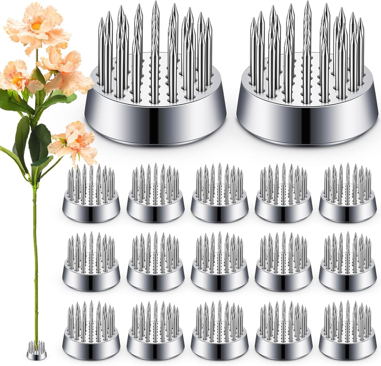 Kritkin 24 Pieces Flower Frogs Holder Mini Floral Round Flower Japanese Arranger Fixed Pin Holder for Arrangements Floral Plant Small Vase Ikebana Decoration Supplies Plant Fixation(0.9 Inch,Silver)