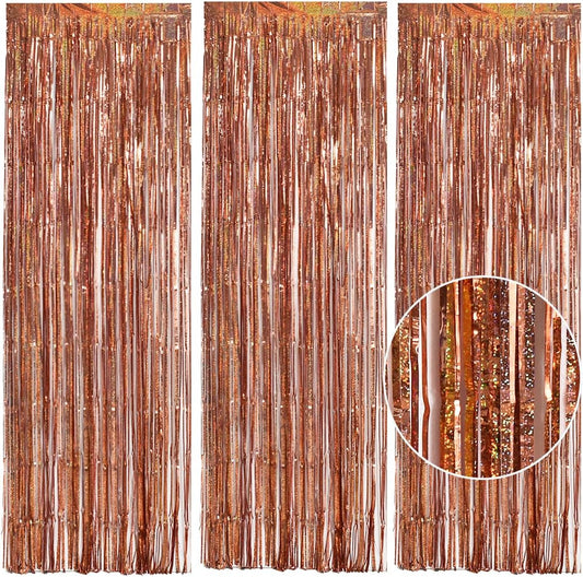 TONIFUL 3Pcs Laser Rose Gold Door Streamers,Laser Rose Gold Photo Booth Backdrop Metallic Streamers Foil Fringe Curtains for Birthday,Christmas,New Year,Bachelorette Party Decor(9.9ft x 6.6ft)