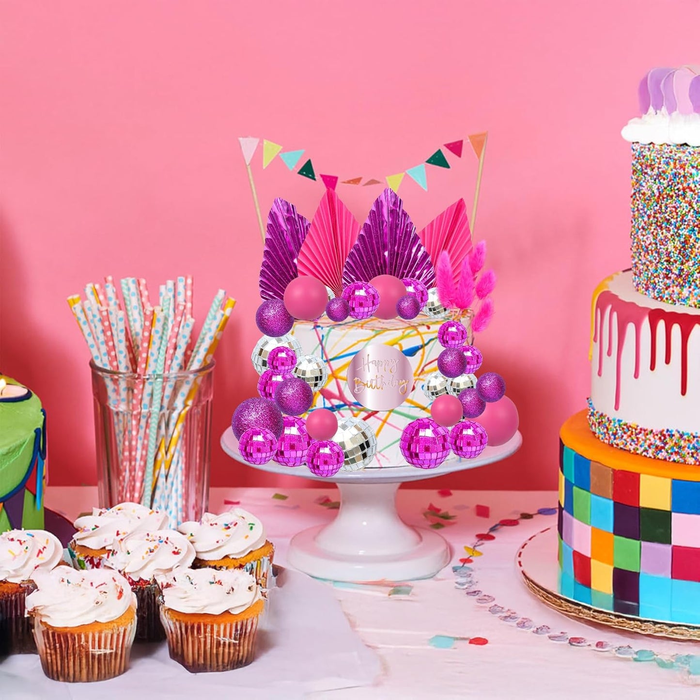 Ephlyn 33 Pack Balls Cake Toppers Boho Palm Leaves Cake Decorations Round Acrylic Happy Birthday Cupcake Toppers for Birthday Wedding Baby Shower Party Supplies Rose Red