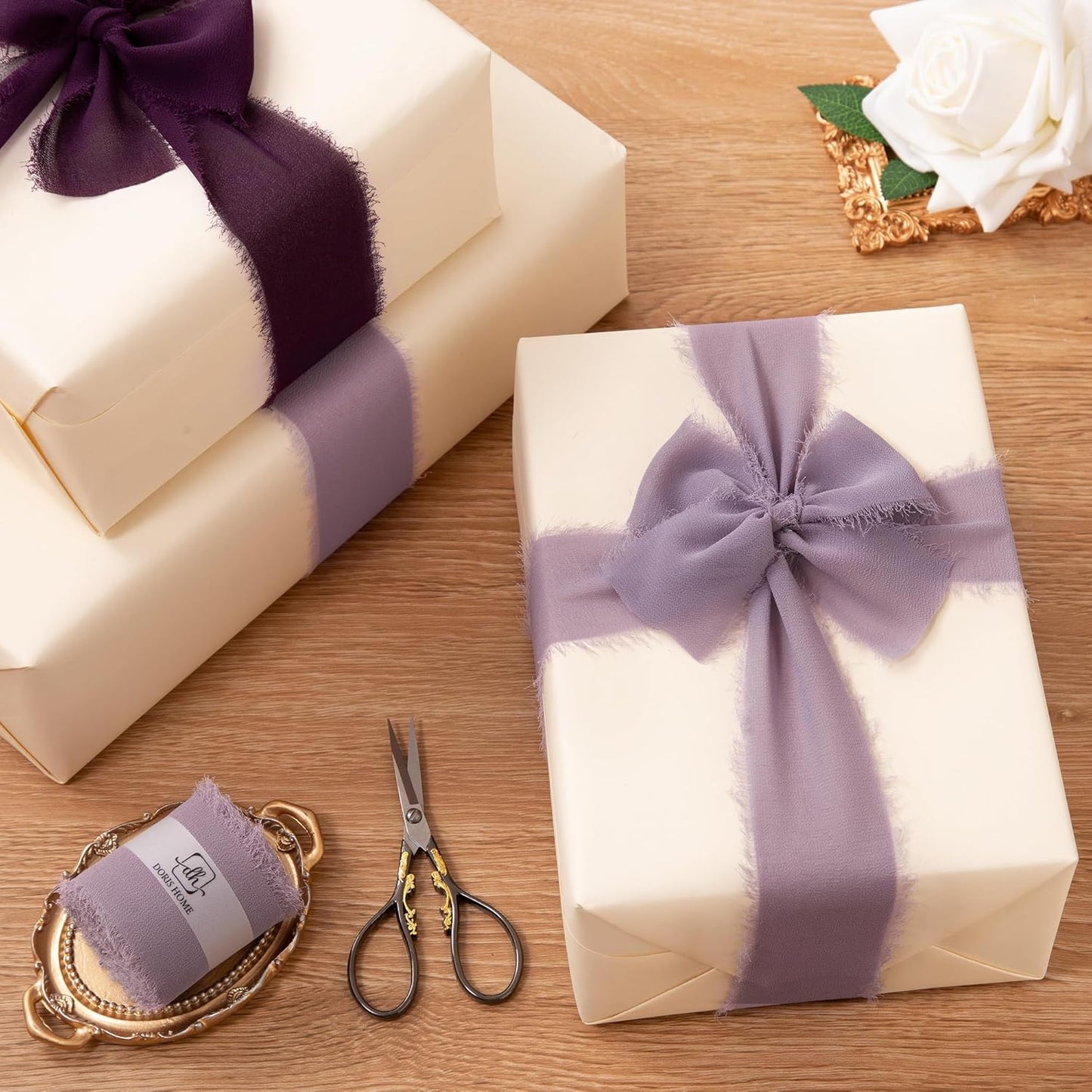 DORIS HOME Pastle Purple Chiffon Ribbon for Flower Bouquet, 2" x21Yd Fabric Ribbon for Gift Wrapping, Handmade Frayed Ribbon for Wedding/Christmas Decorations