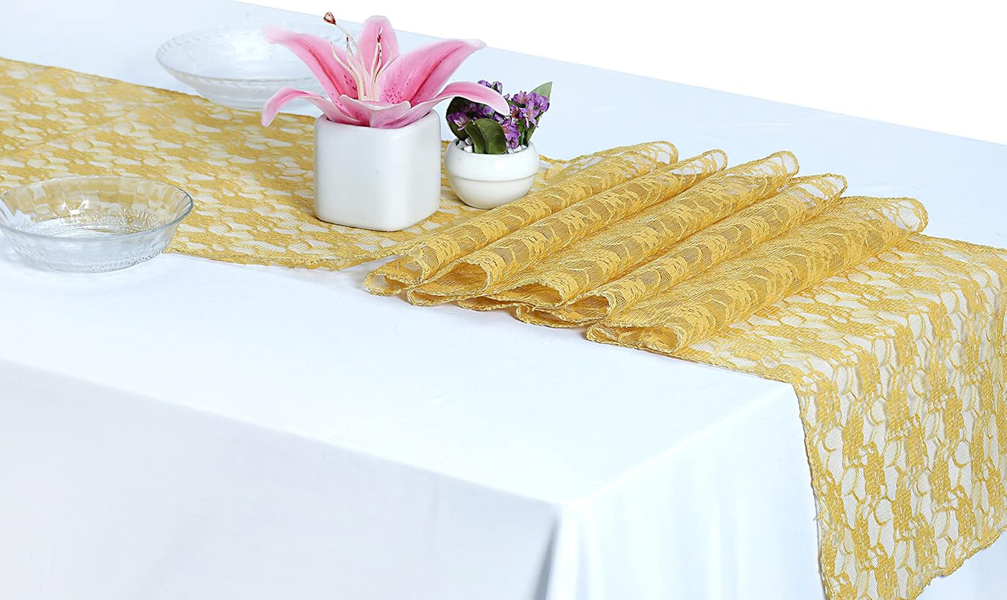 MDS Pack of 5 Wedding 12 x 108 inches Lace Table Runner for Wedding, Decorations for Birthday Parties, Banquets, Graduations, Engagements, and Runners fit Rectangle, Round Table- Gold