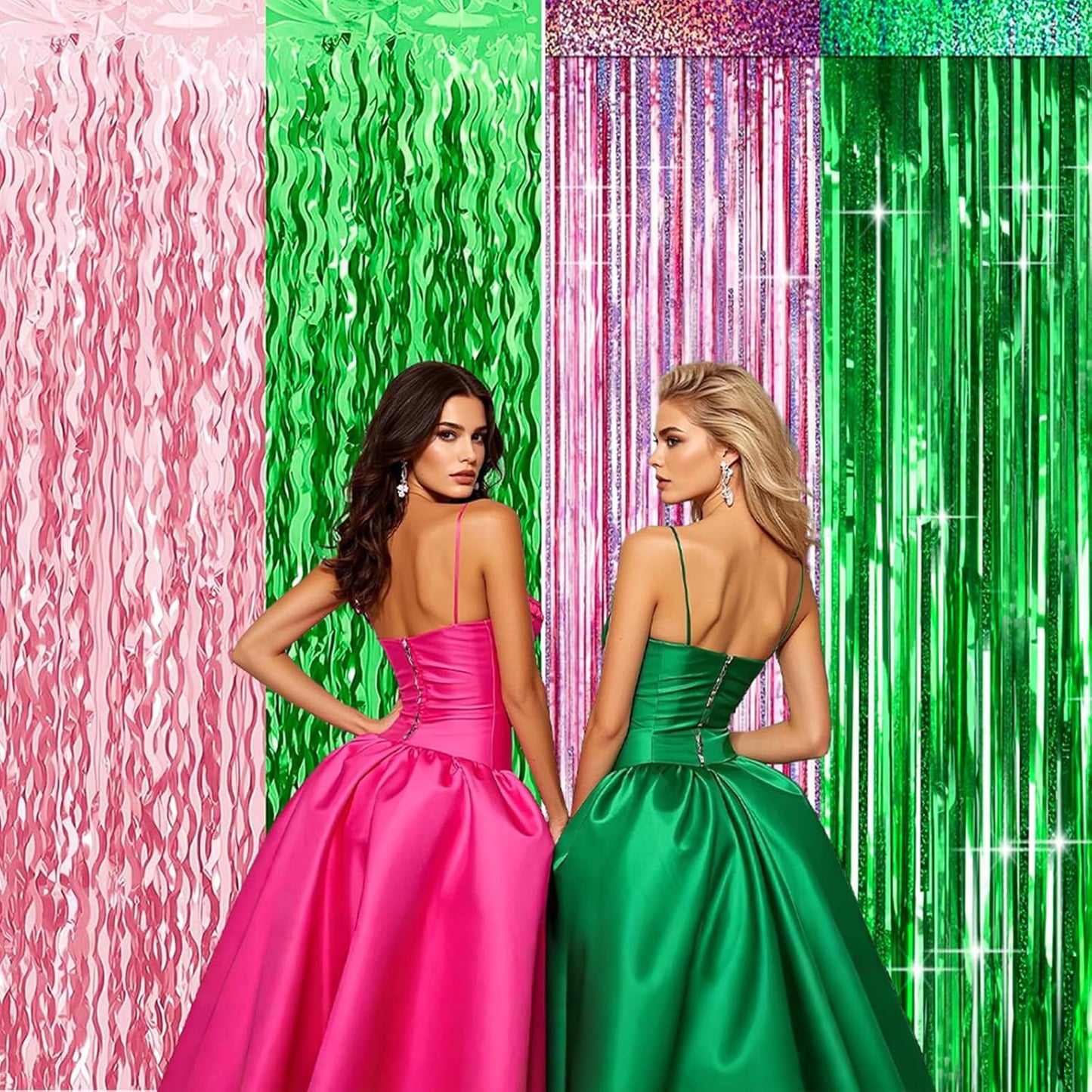 CANREVEL 2 Pack 3.3x6.6 Feet Pink and Green Wavy Foil Fringe Backdrop Curtains, Tinsel Streamers for Wicked Witch Merch Decor Birthday Party, Graduation, Halloween Party Decorations