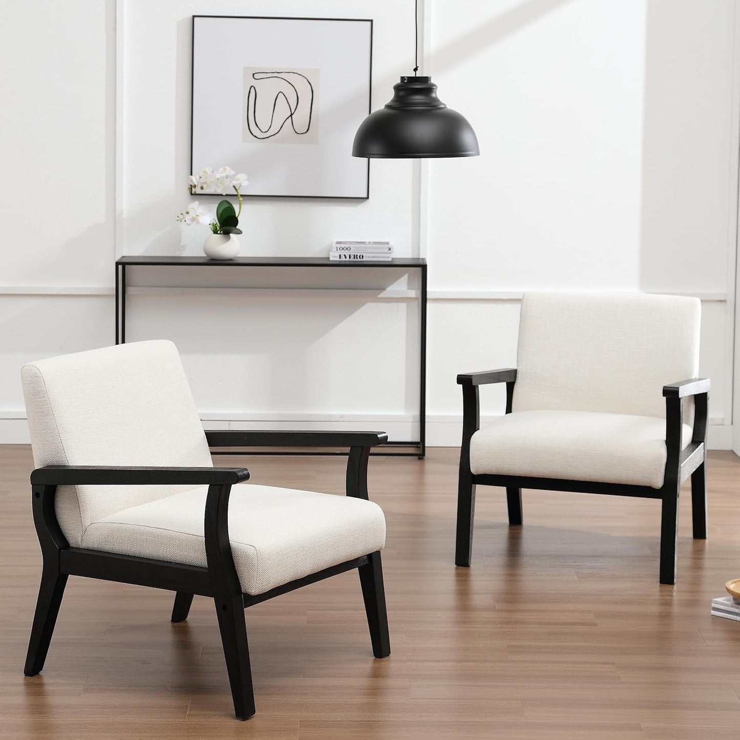 Mid Century Modern Accent Chair, Linen Upholstered Living Room Accent Armchair with Black Wood Frame, Farmhouse Chair Indoor Corner Chair for Living Room Bedroom, Beige