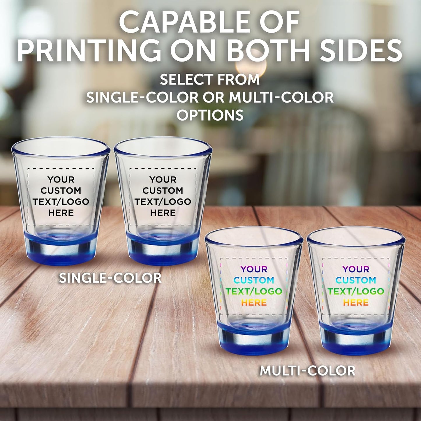 Custom Shot Glasses 1.75 oz. Set of 100, Personalized Bulk Pack - Great for Wedding Favors, Bachelorette Party Decorations, Party Fovors, Color Bottom - Blue