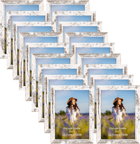 PETAFLOP Wooden Bulk 5x7 Picture Frame Set of 18, White Distressed Photo Frames Fits 5 by 7 for Wall or Tabletop Display