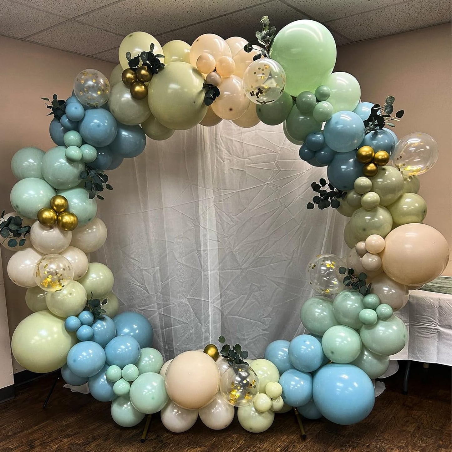 Dusty Blue Green Balloons, 60 Pcs 12 Inch Haze Fog Blue Sage Green Balloons with Sand White Metallic Gold Balloon for Boho Baby Shower Wedding Birthday Engagement Bridal Shower Party Decoration