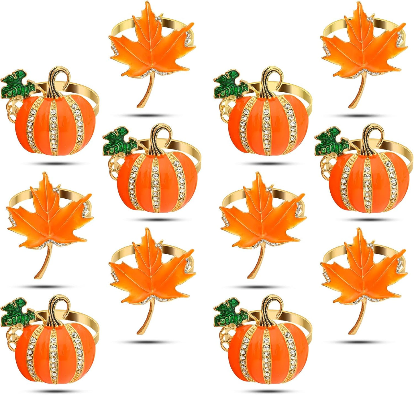 KPOSIYA Fall Napkins Rings, 12 Pcs Thanksgiving Napkin Ring Fall Maple Leaf Napkin Rings and Halloween Pumpkin Napkin Holders for Thanksgiving Table Decorations, Fall Banquet, Holiday Dinner Party
