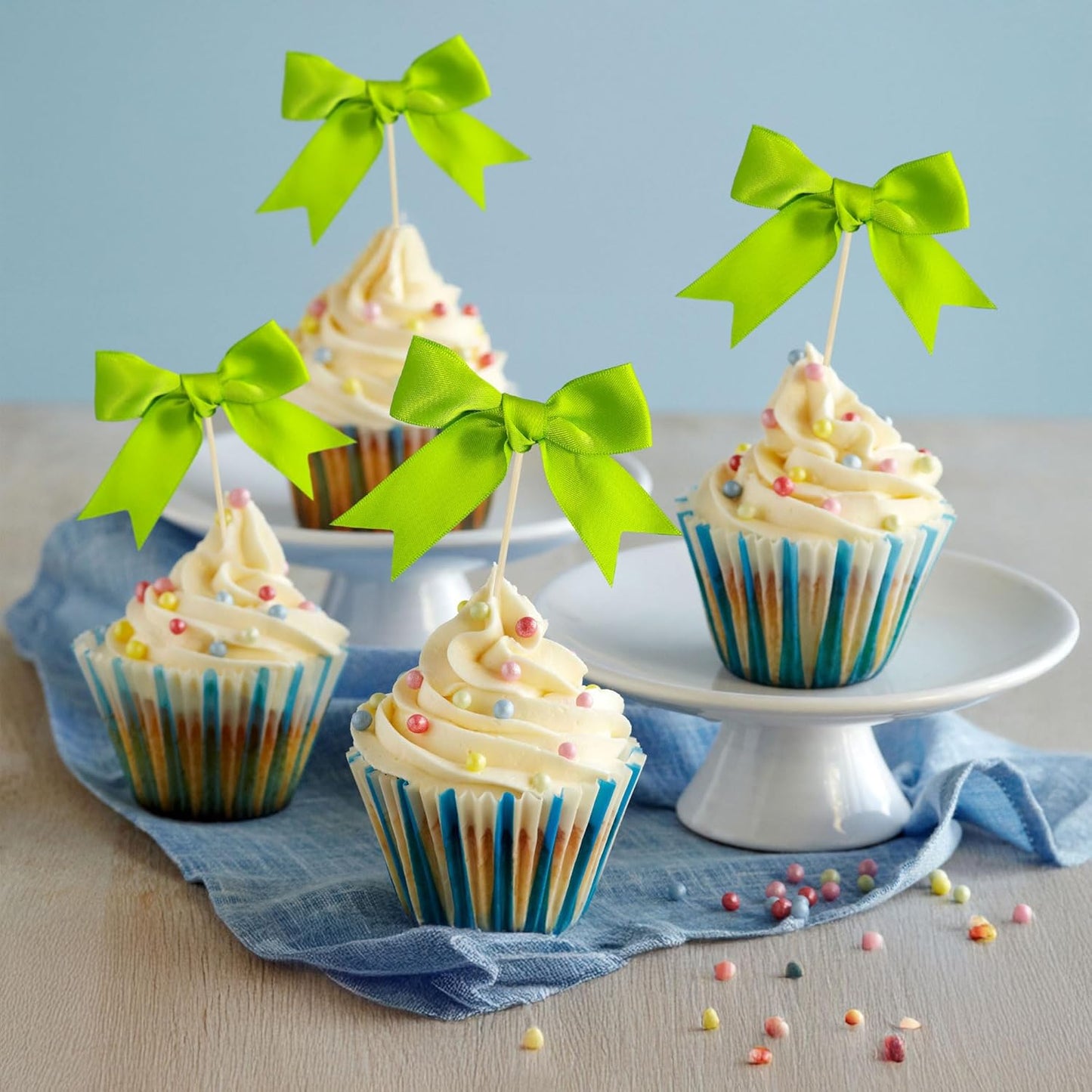 Ephlyn 24Pcs Pink Bow Cupcake Toppers Pink Bow Cake Topper Birthday Decorations, Mini Bowknot Cupcake Picks for Coquette Theme Party Decoration Bachelorette Bridal Engagement Wedding Party Green