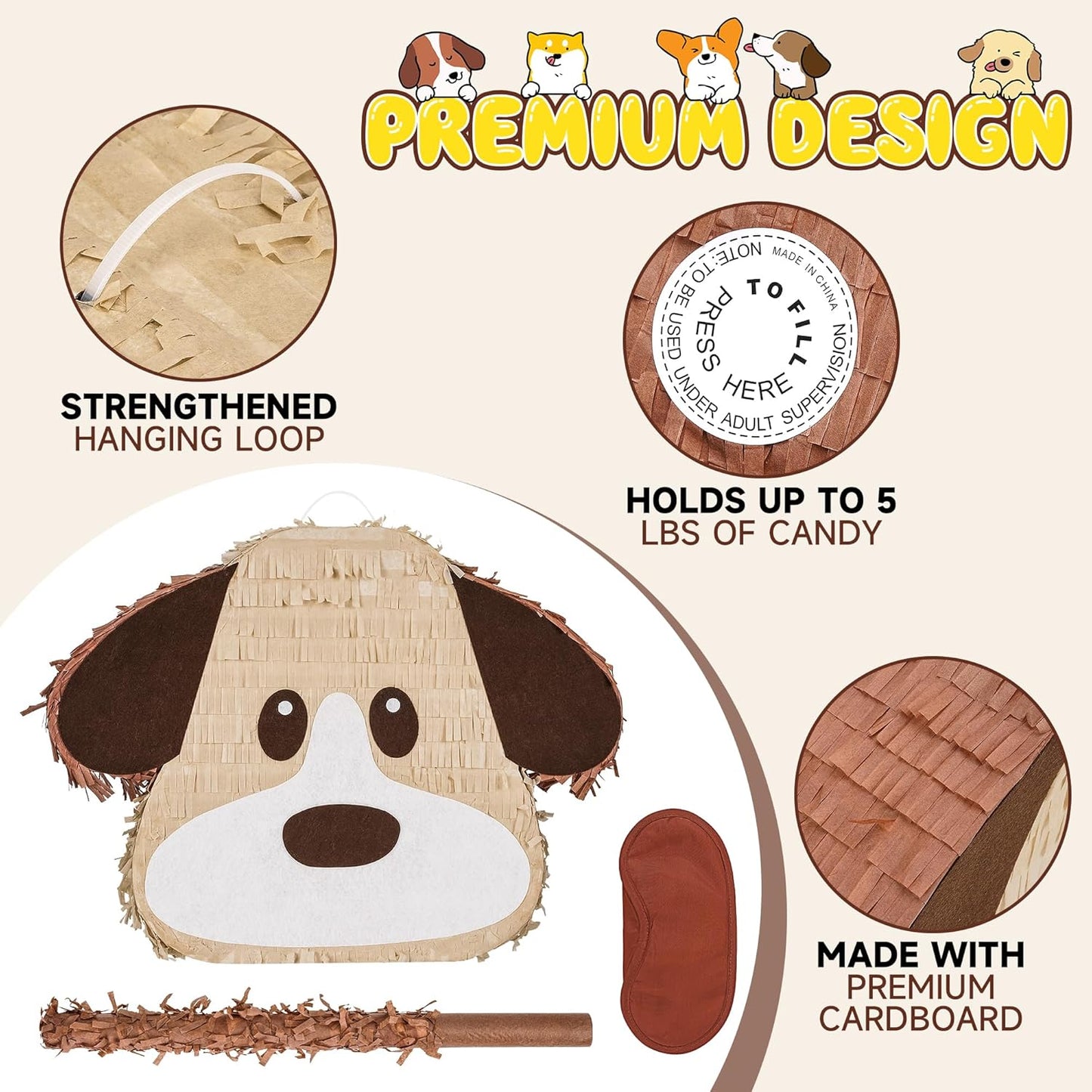 Dog Pinatas Bundle with a Blindfold and a Bat(16.5 x 12.6 x 4 Inches), Perfect for kid's Birthday Parties Decoration, Animal Theme Party, Puppy Pinata