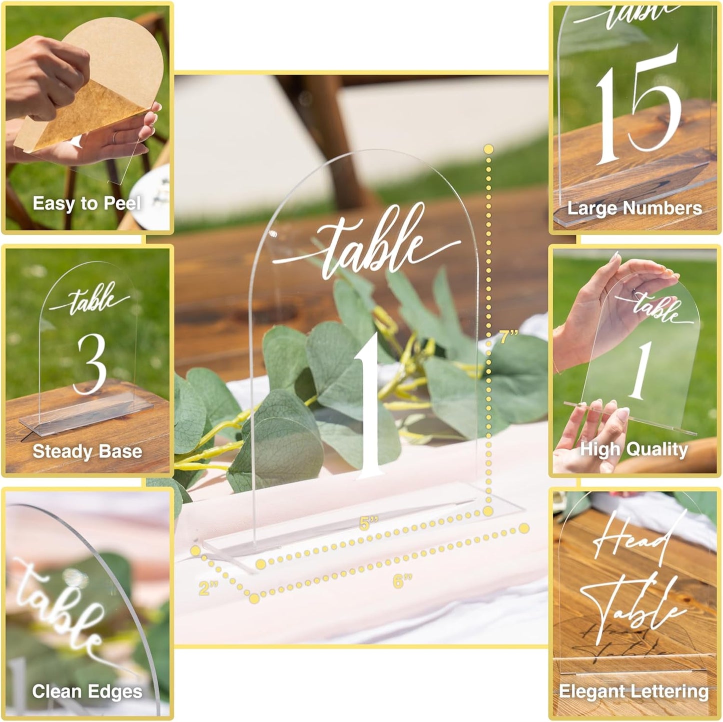 Clear Arch Acrylic Table Numbers for Wedding Reception - 5" x 7" White Font Centerpiece Set with Holder Stands & Head Table Sign - Anniversary, Event, Party, Wedding set 1-15