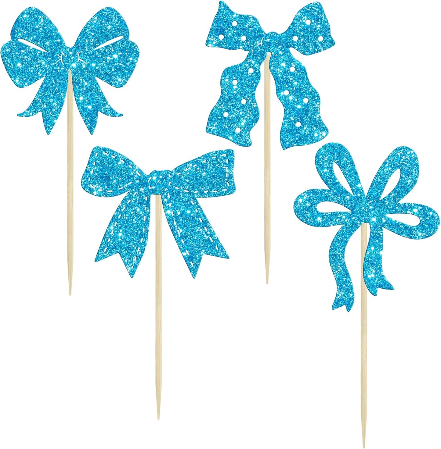 Ephlyn 24Pcs Bow Cupcake Toppers Bow Birthday Cake Topper Girls Birthday Party Decorations Bowknot Cupcake Decorations for Bridal Baby Shower Birthday Wedding Themed Party Blue