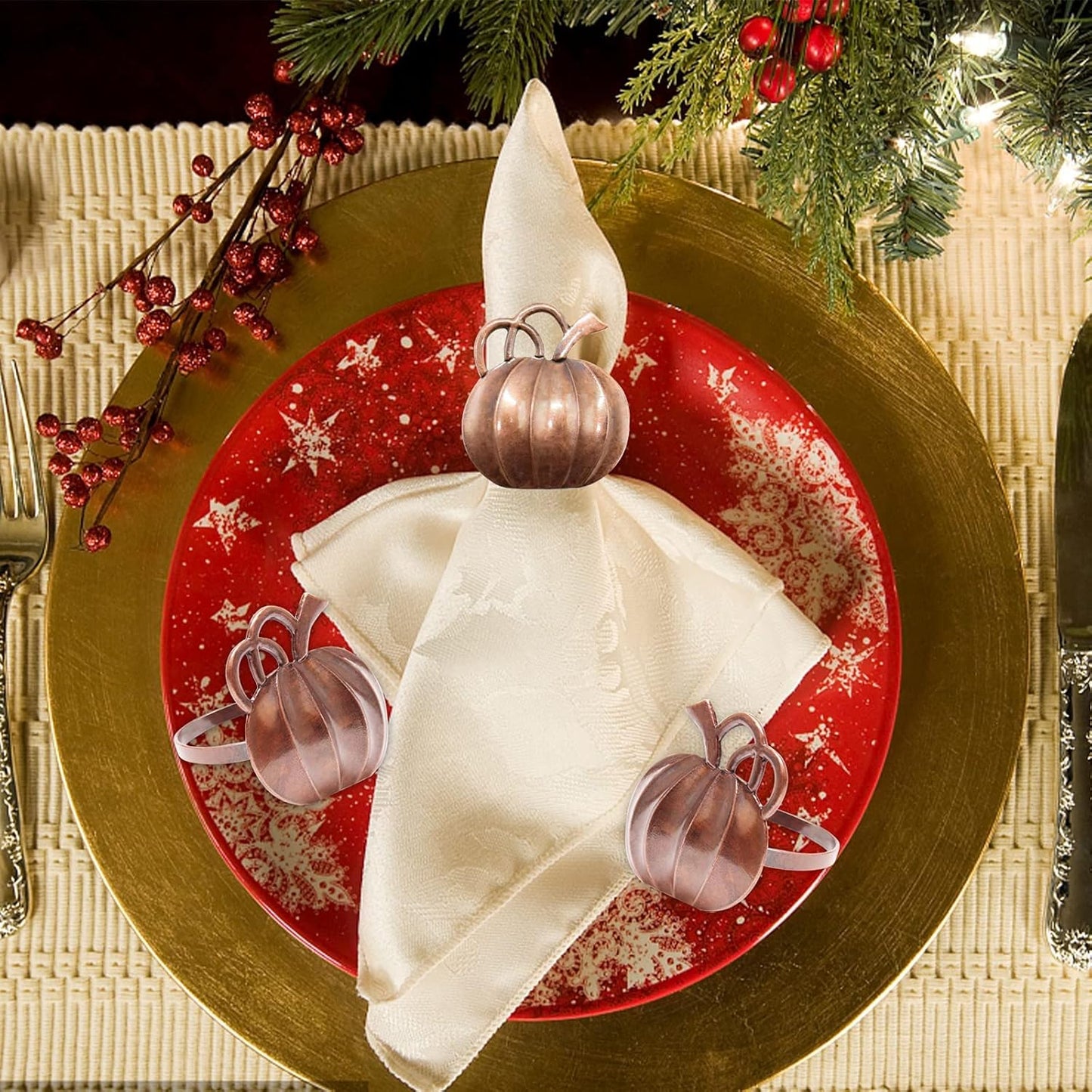 Halatool Pumpkin Napkin Rings Set of 12, Alloy Fall Napkin Rings Thanksgiving Halloween Dinner Tables Holders for Thanksgiving Weddings Holidays Gathering Dinner Party (Bronze)