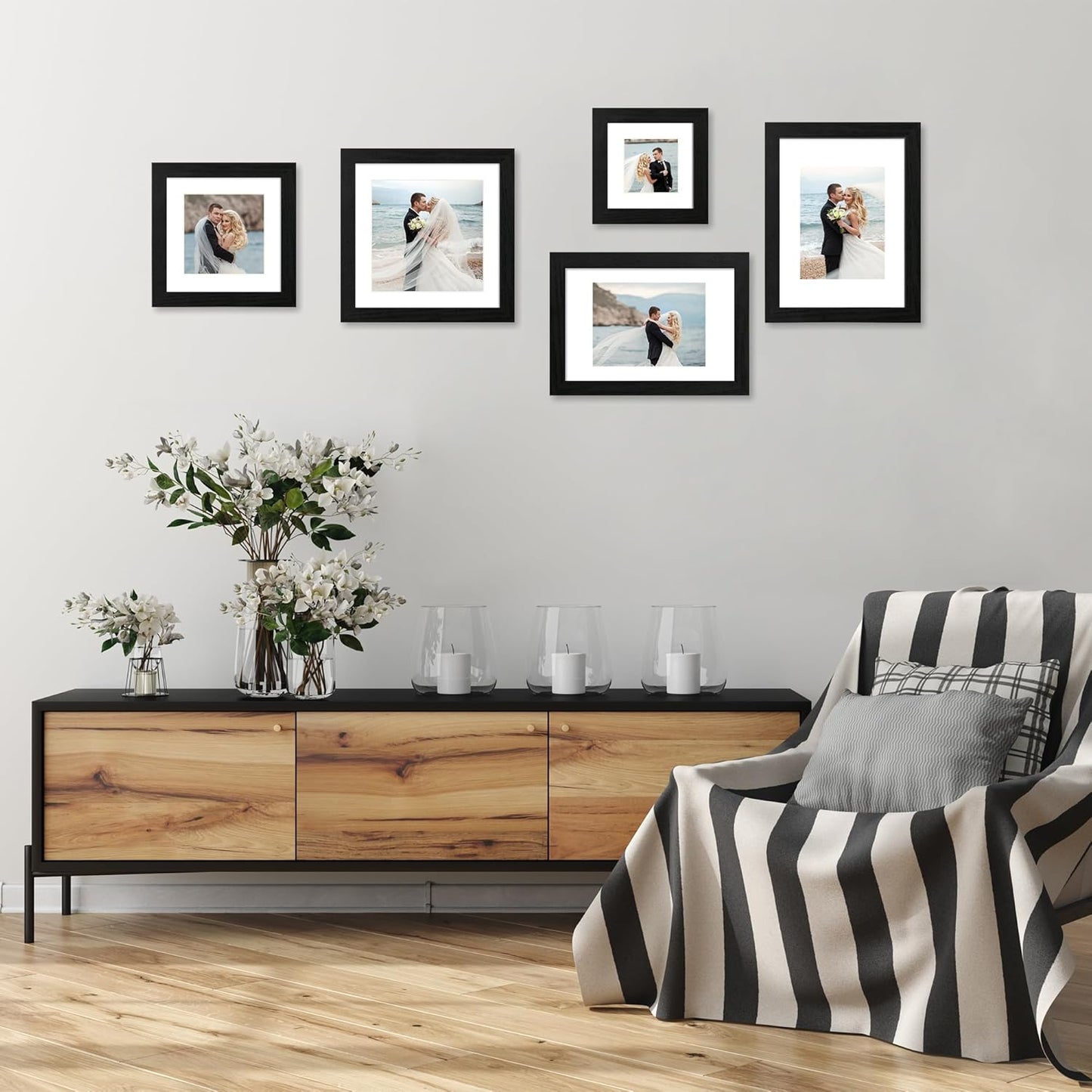 6x6 Picture Frame Set of 4 with High Definition Glass, Black Frames Display 4x4 Picture with Mat or 6 x 6 Without Mat, Square Wood Photo Frame for Wall Mount and Tabletop Display