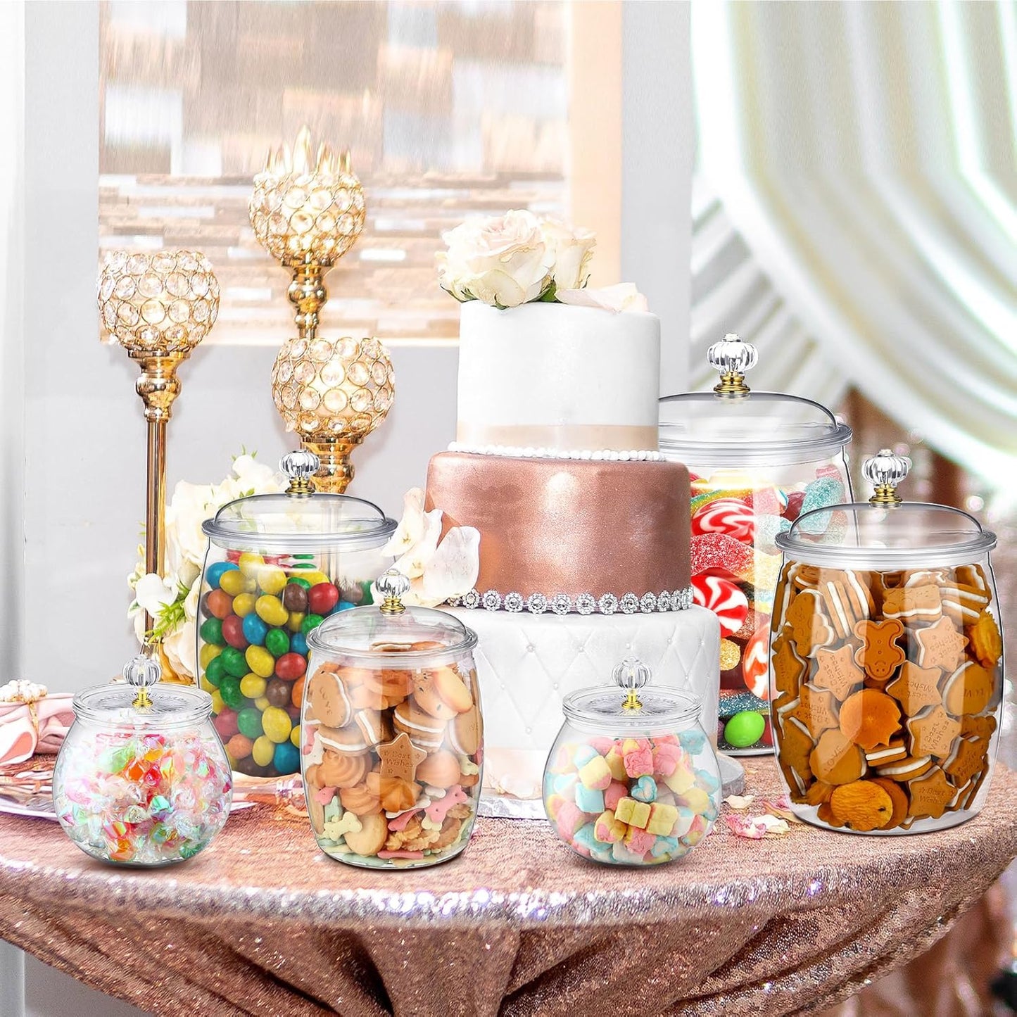 Nuogo 6 Pcs Plastic Candy and Cookie Jar with Lids Decorative Apothecary Jars Candy Buffet Containers Clear Airtight Food Storage Canister Home Decoration(30/42/64/80/90 oz,Classic, Stylish)