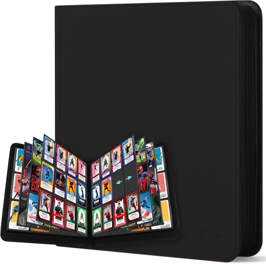 Trading Card Binder 12 Pocket, Zipper Binder Card Album Holds 720 Cards, 30 Pack Acid-Free Pages with Side Loading, Premium Leather Cover Card Folder for TCG/MTG/Sports Cards Collection, Black