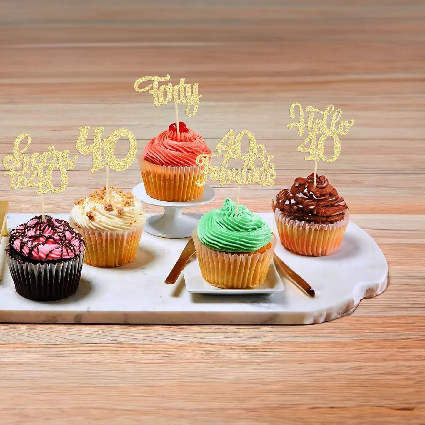 30pcs Happy 40th Birthday Cupcake Toppers - Gold Glitter Forty Cheers to 40 Years Old Cupcake Picks for Anniversary Party Cake Decorations
