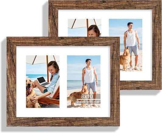 8x10 Picture Frame Set of 2, Rustic Brown Wood Frame with Glass Collage Frame, Display Pictures Two 4x6 With Mat or 8 x 10 Without Mat - Horizontal or Vertical Wall Mounting