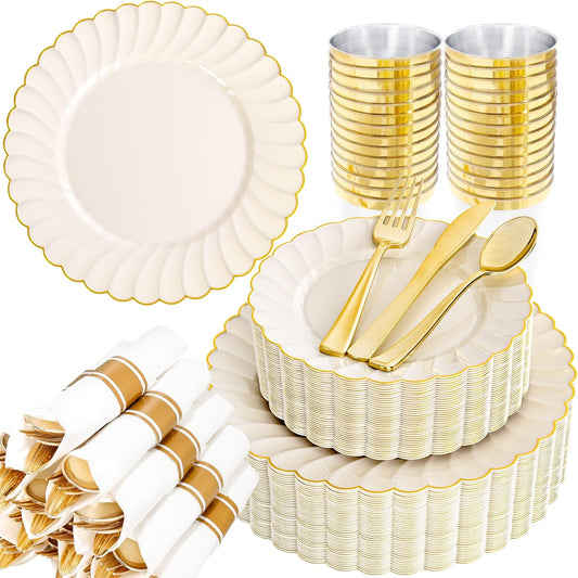YOUBET 350PCS Ivory Scalloped Plastic Plates - Ivory and Gold Disposable Dinnerware Set Include 100 Plates, 150 Gold Silverware, 50 Cups, 50 Napkins for Wedding & Party & Thanksgiving