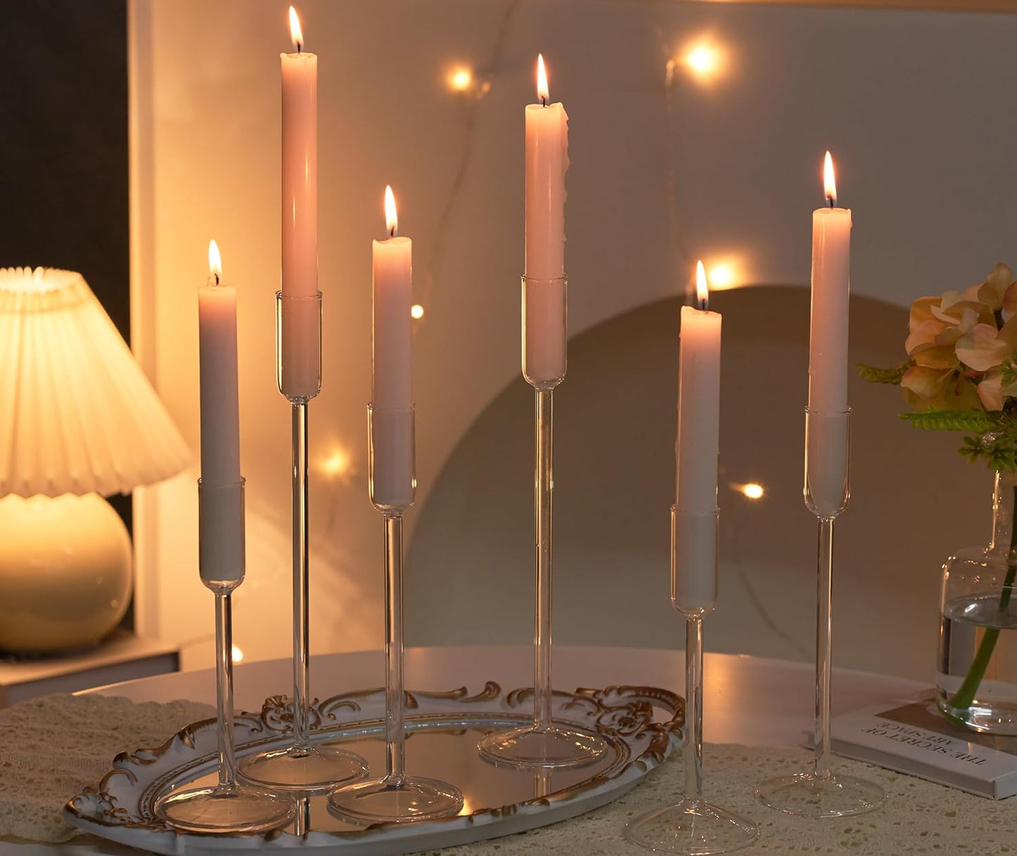 Candle Holder, Glass Taper Candle Tall Candlestick Holder, 3 Different Heights, for Table Centerpiece, Wedding, Party, Clear, 6pcs