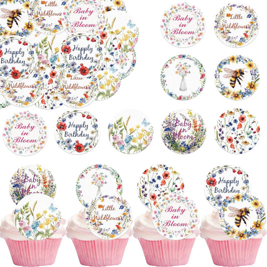36PCS Edible Wildflower Cupcake Toppers Wafer Paper Baby in Bloom Baby Shower Decorations Flower Birthday Party Decorations Wildflower Cake Toppers for Birthday Party Supplies (Round)