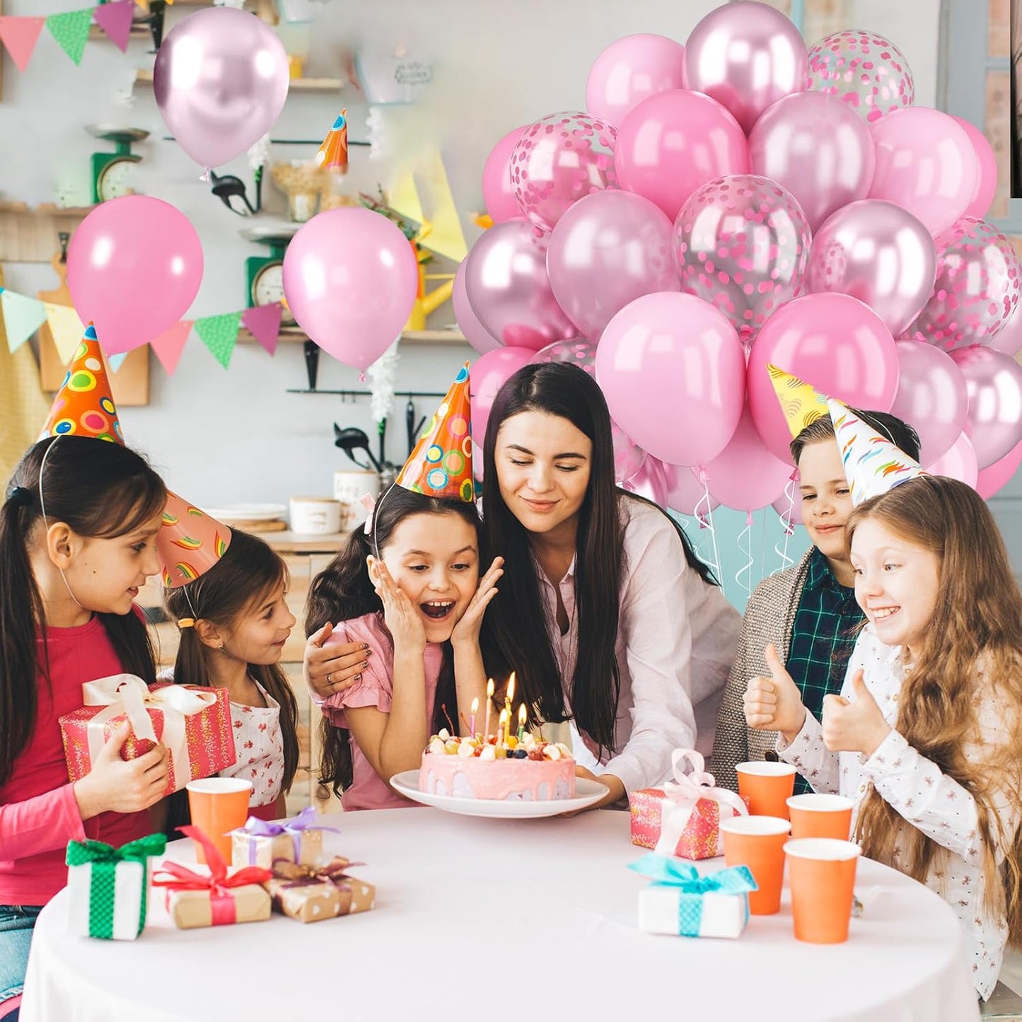 Metallic Chrome Pink 52 PCS 12 Inch Latex Balloons with Pink Confetti - Cherry Blossom, Pearl, Maca for Girl Women Birthday, Wedding, Baby Shower, Party Decorations