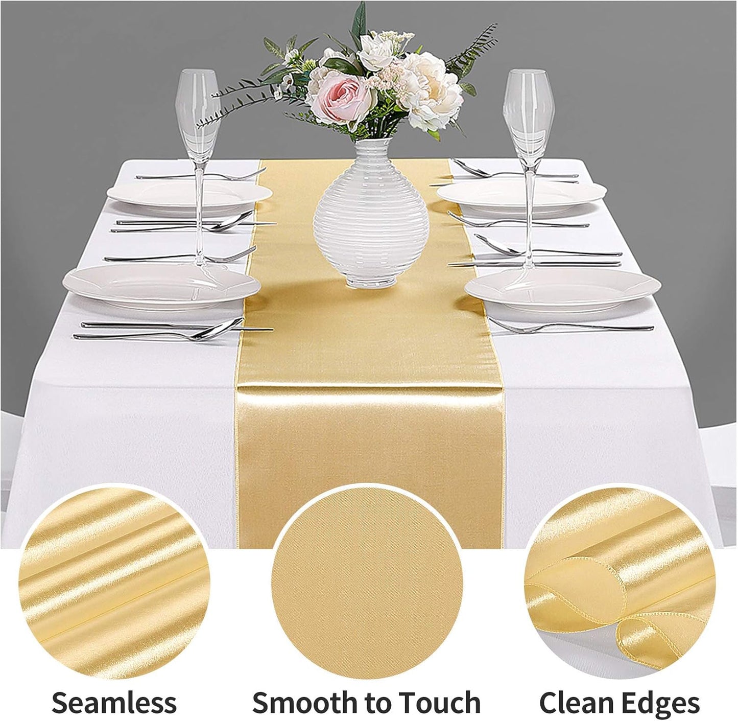 10-Pack Satin Table Runner Light Gold 12 x 108 inches Long, Table Runners for Wedding, Birthday Parties, Banquets Decorations（10 Pack, 12x108 Inch, Light Gold）