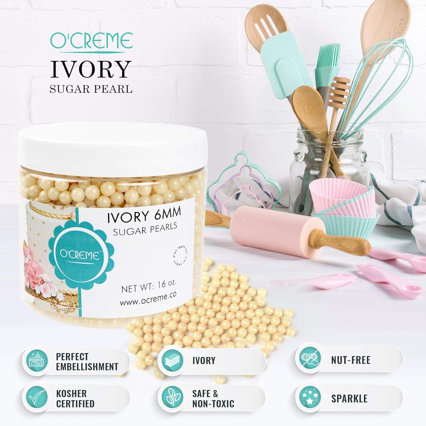 O'Creme Ivory Edible Sugar Pearls Cake Decorating Supplies for Bakers: Cookie, Cupcake & Icing Toppings, Beads Sprinkles For Baking, Certified, Candy Sugar Ball Accents (2mm, 16 Oz)