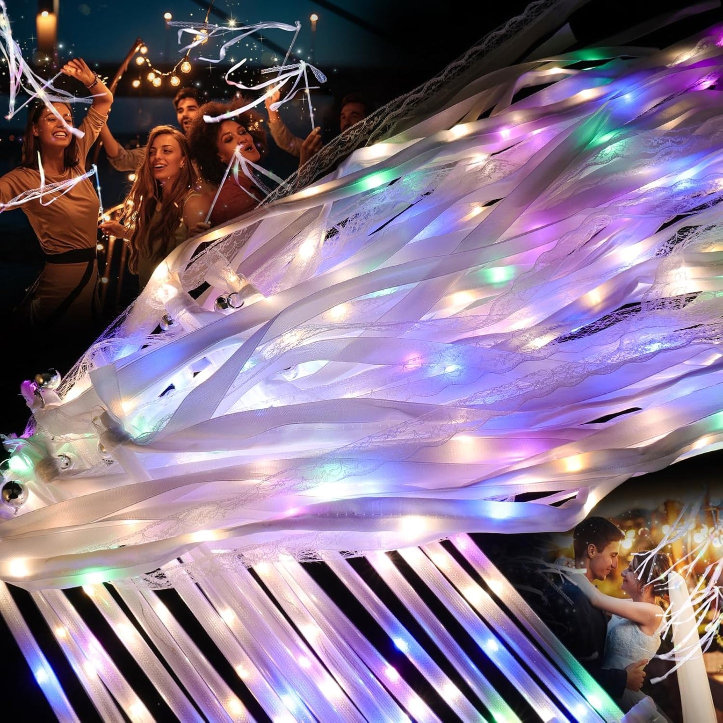100 Pieces Light up Wedding Wands with Ribbons & Bells –LED Silk Wedd Fairy Wands Streamers with Warm White & Colorful Lights for Wedding Send Off Ideas, Parties, and Celebrations